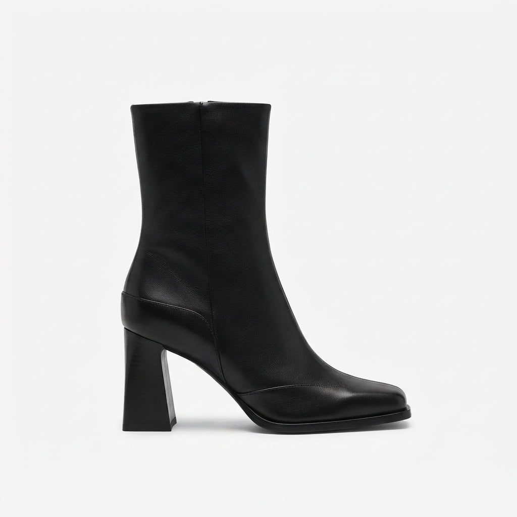 Square Toe Ankle Boots, Flared High Block Heel Zip