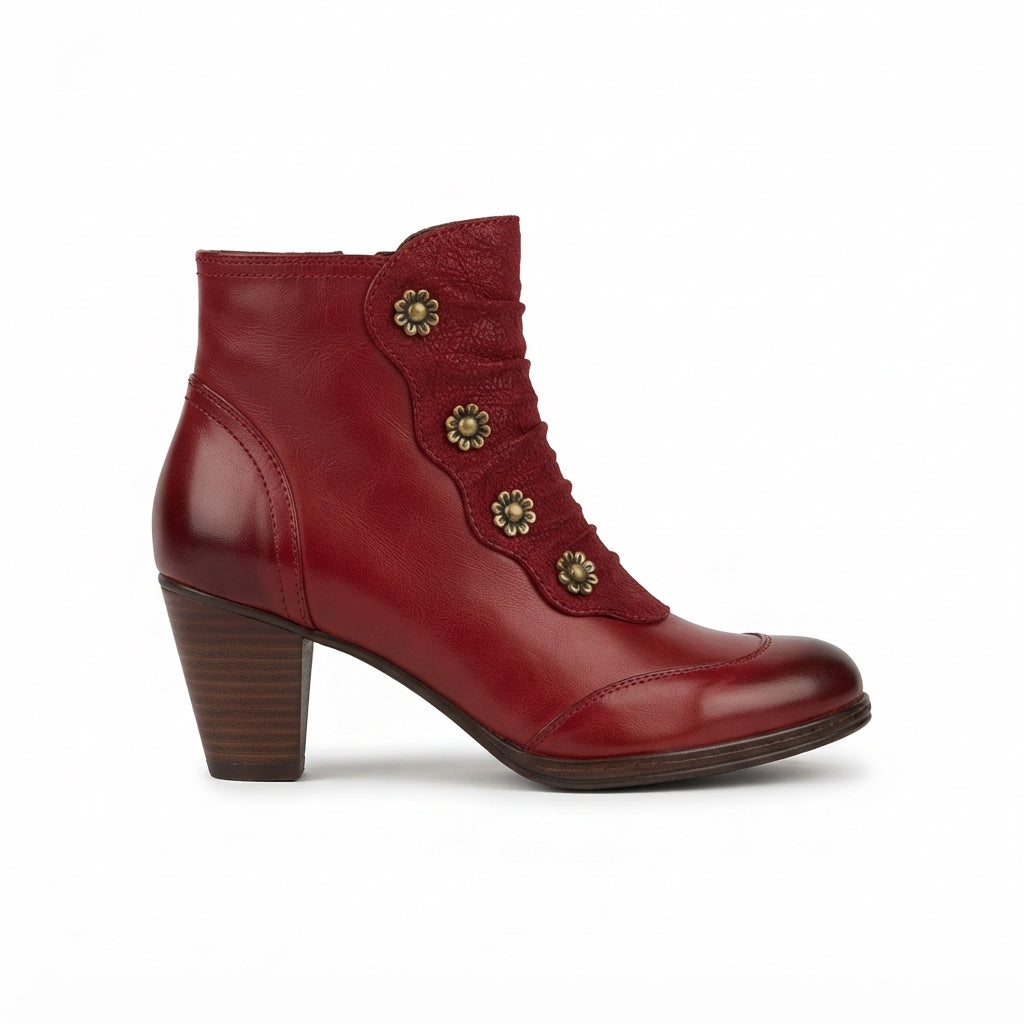 Leather Ankle Boots, Floral Button Block Heel Style
