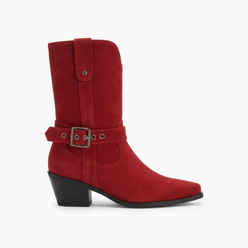 Mid-Calf Cowboy Boots, Buckled Faux Suede Western Heel