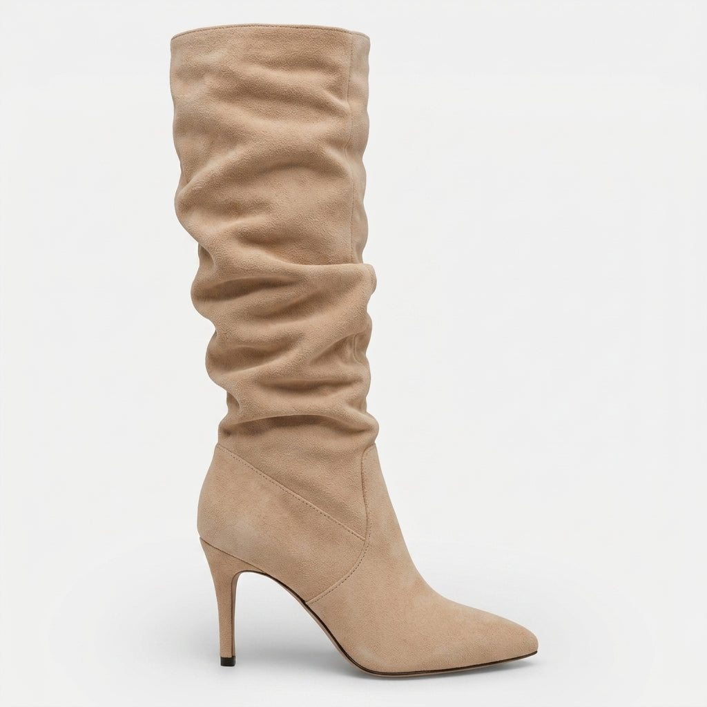 Ruched Suede Knee High Boots, Stiletto Pointed Toe