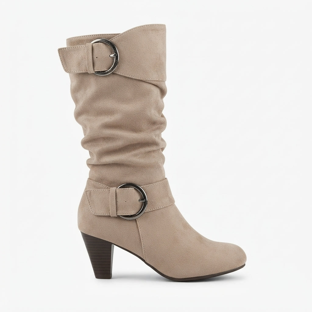Slouch Knee High Heeled Boots, Buckle Detail Side Zip