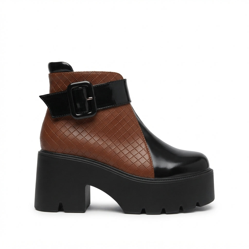 Platform Ankle Boots, Woven Faux Leather Buckle Strap