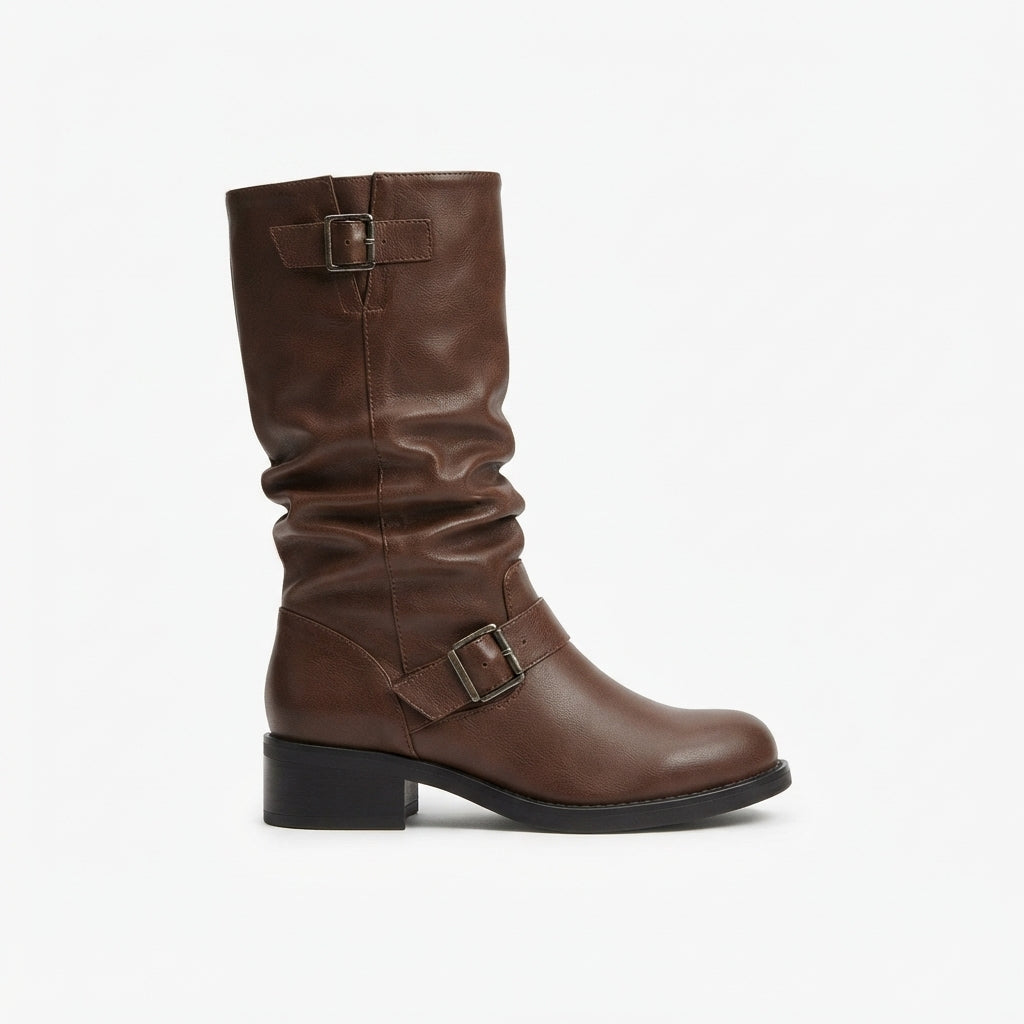 Slouchy Knee High Biker Boots, Double Buckle Straps