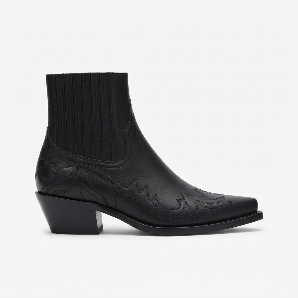 Leather Cowboy Ankle Boots, Pointed Toe Block Heel