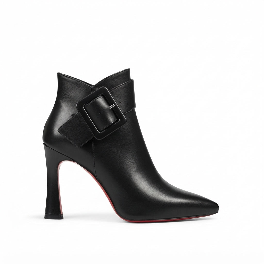 Pointed Toe Ankle Boots, Sculpted Heel Buckle Detail