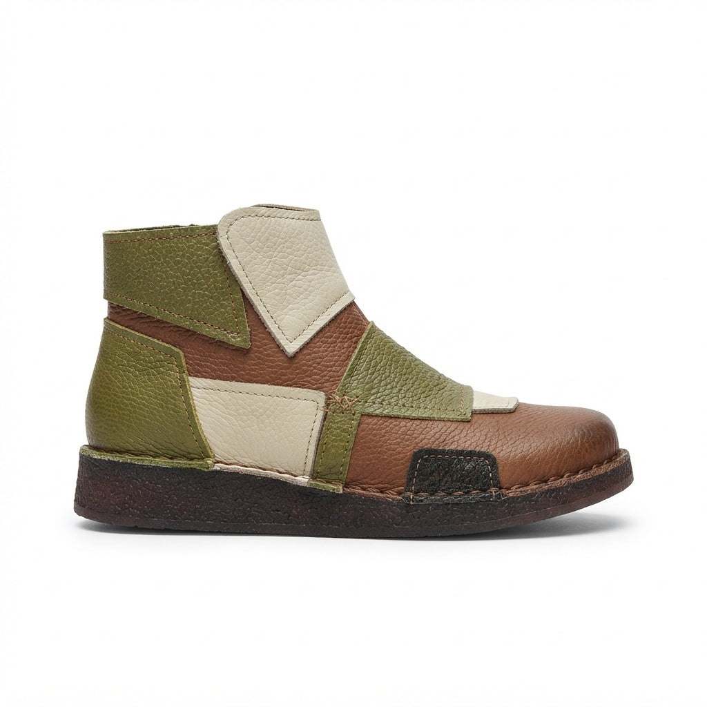 Colour Block Leather Ankle Boots, Patchwork Round Toe