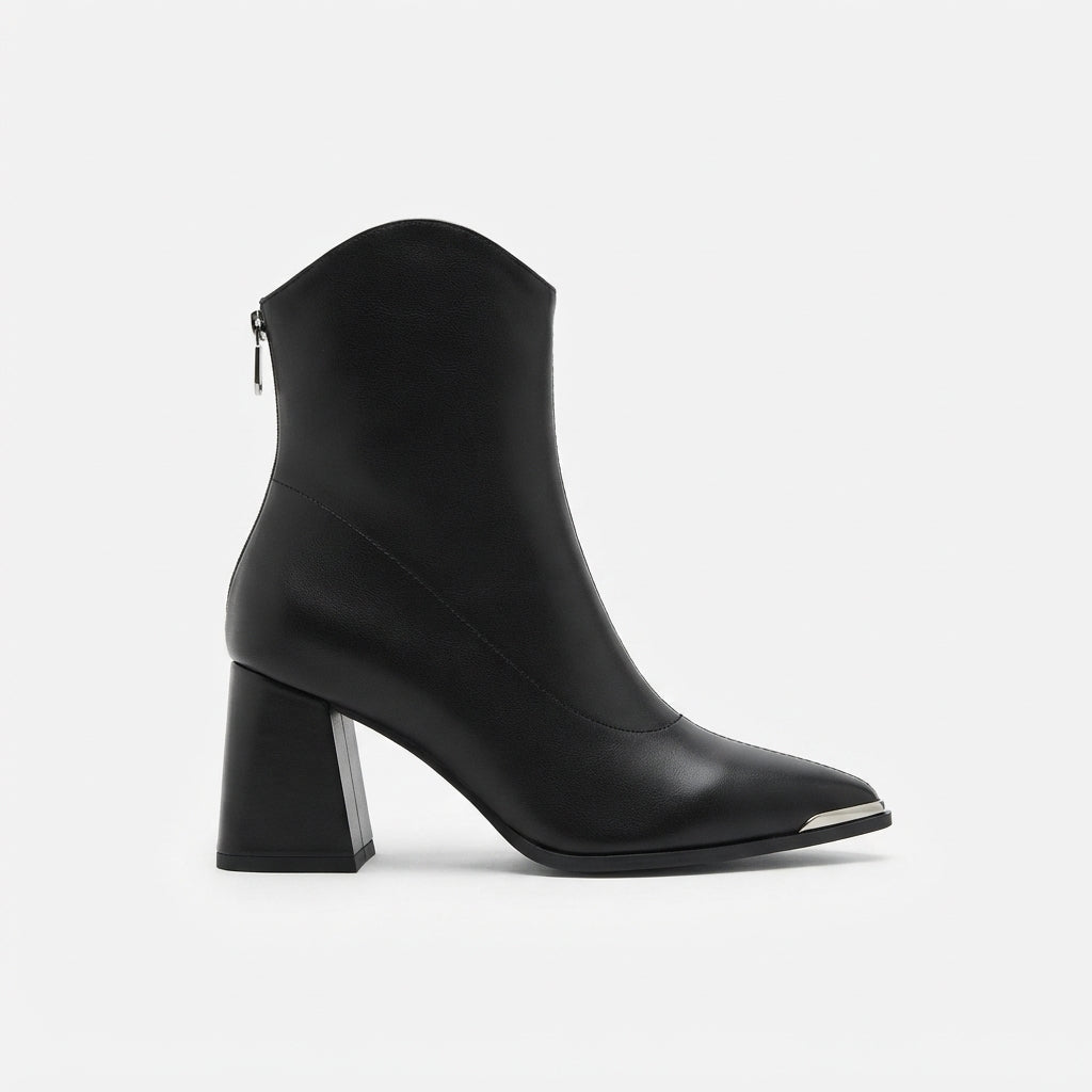 Chrome Tip Ankle Boots, Pointed Toe Block Heel Zip