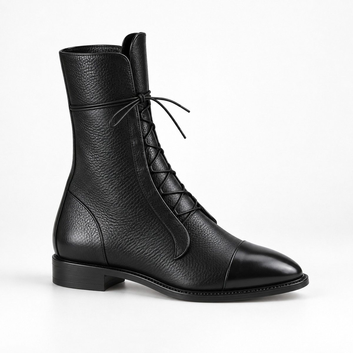 Cap Toe Combat Boots, Chunky Sole Faux Leather Lace Up