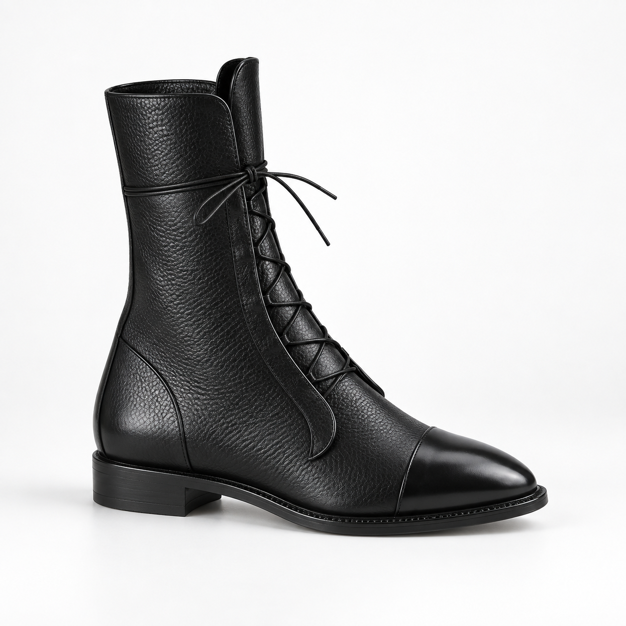 Cap Toe Combat Boots, Chunky Sole Faux Leather Lace Up