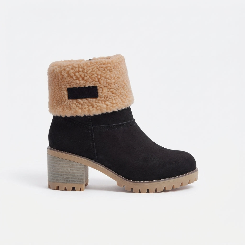 Shearling Cuff Ankle Boots, Block Heel Treaded Sole