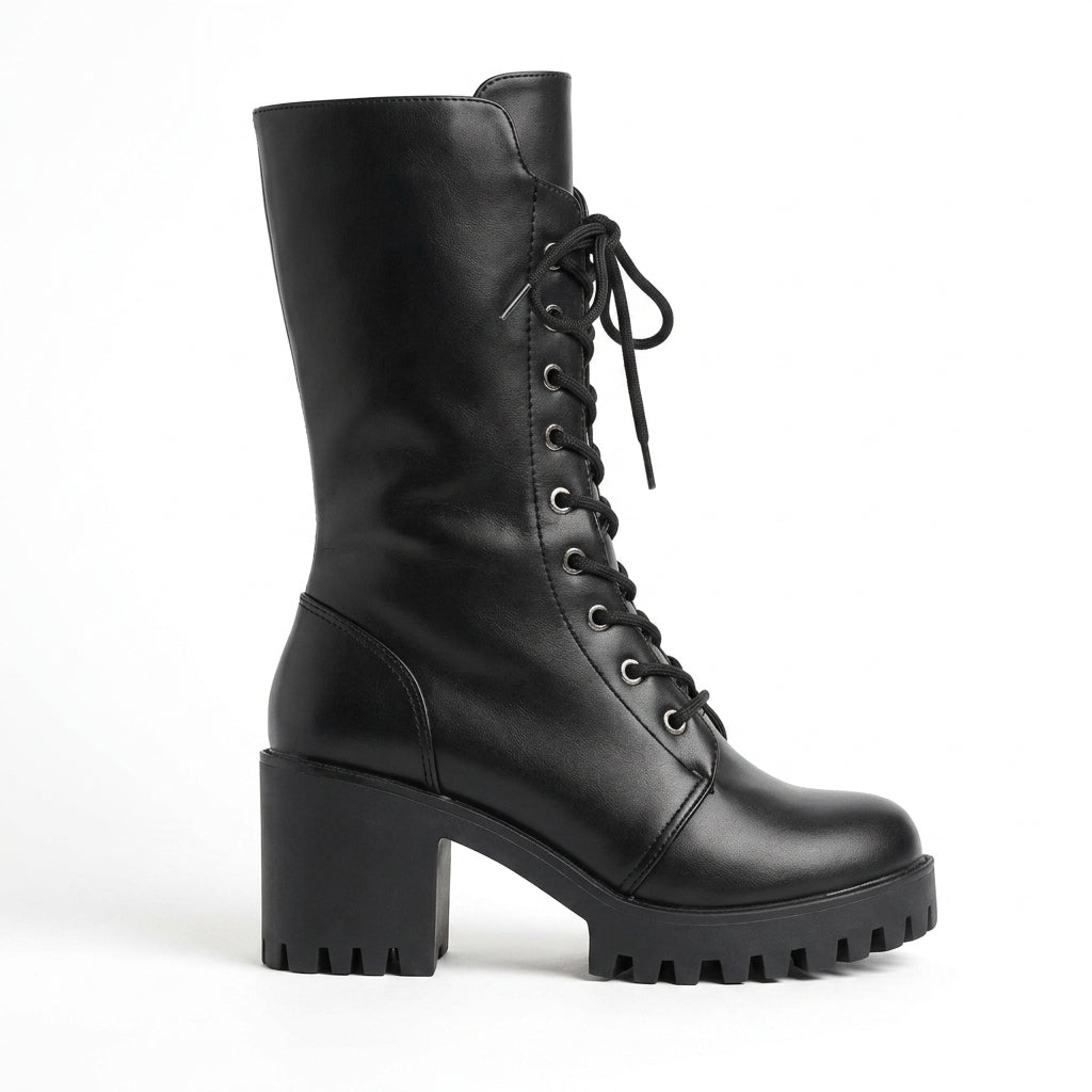 Platform Combat Boots, Vegan Leather Lace-Up Lug Sole