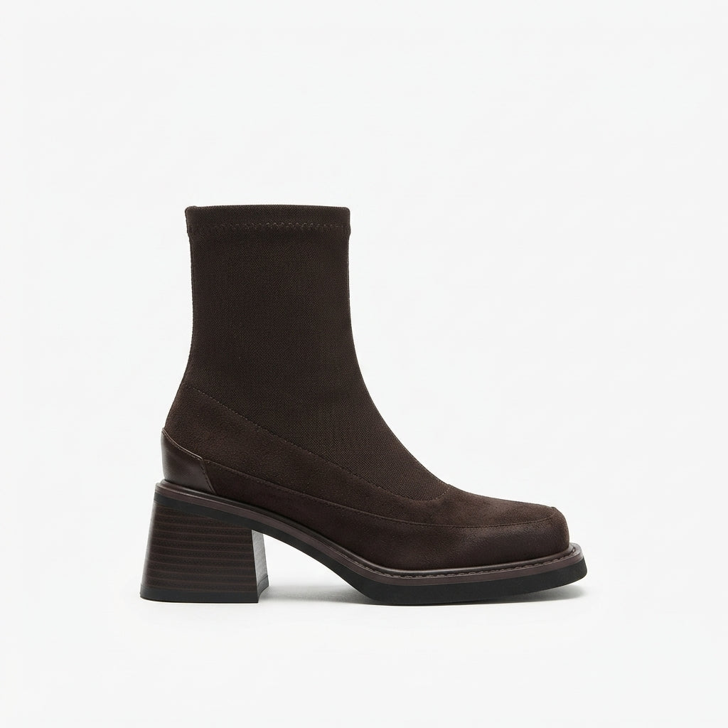 Square Toe Suede Ankle Boots, Stacked Mid Heel Zip
