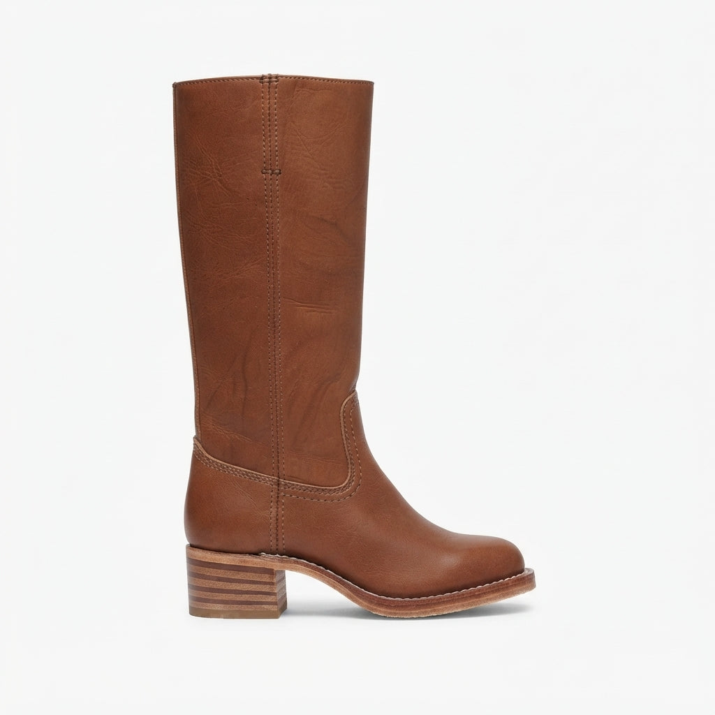 Leather Knee High Boots, Low Block Heel Zip Closure