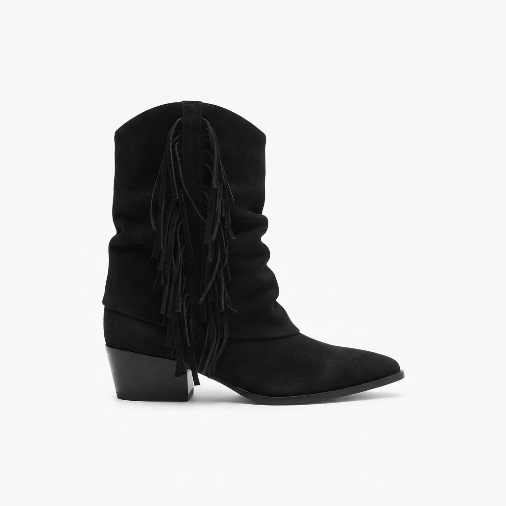 Fringe Suede Cowboy Boots, Pointed Toe Low Block Heel