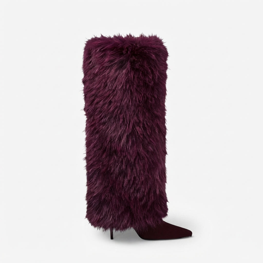 Faux Fur Knee High Boots, Stiletto Heel Pointed Toe