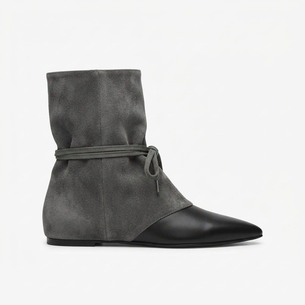 Suede Slouch Boots, Pointed Toe Wraparound Lace Ties
