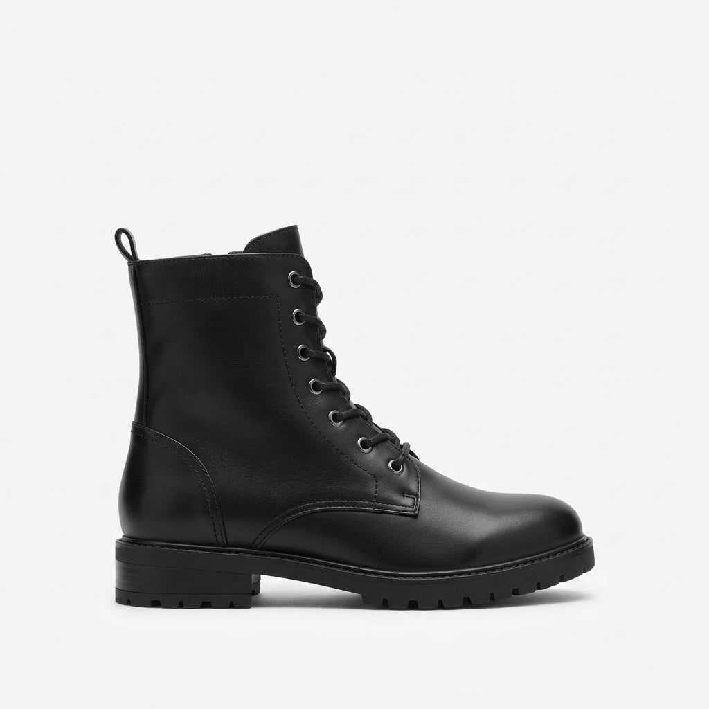 Lace Up Combat Ankle Boots, Side Zip Chunky Tread Sole