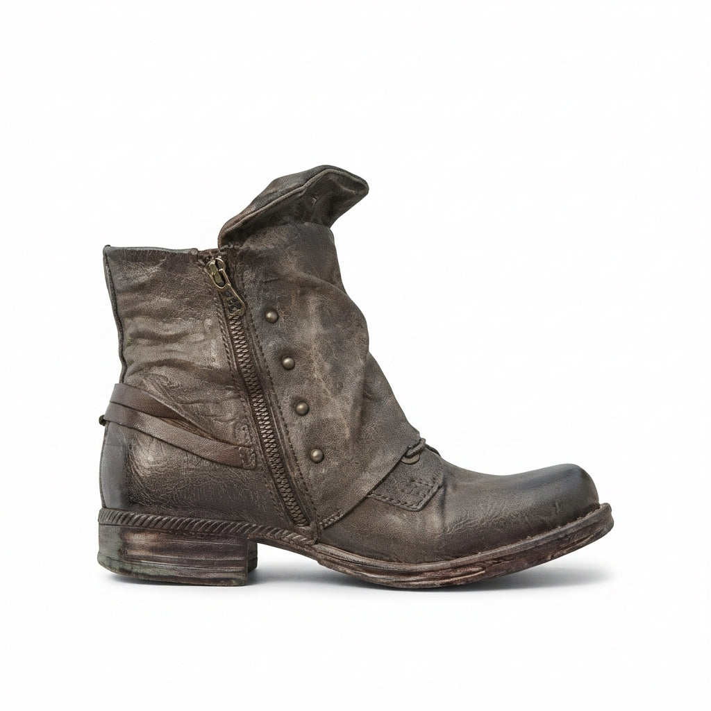 Slouch Leather Biker Boots, Arch Support Fold-Over