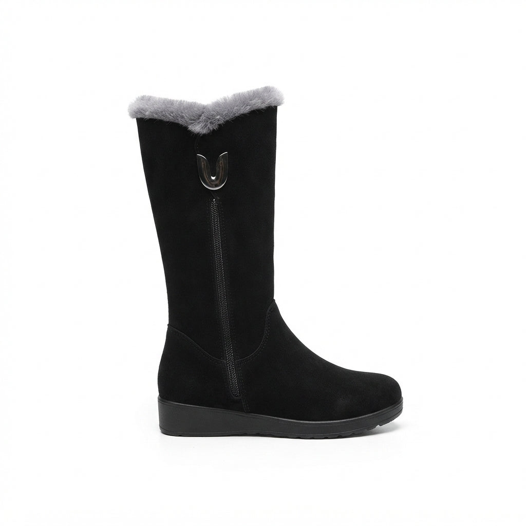 Fur Lined Knee High Boots, Side Zip Warm Tall Shaft