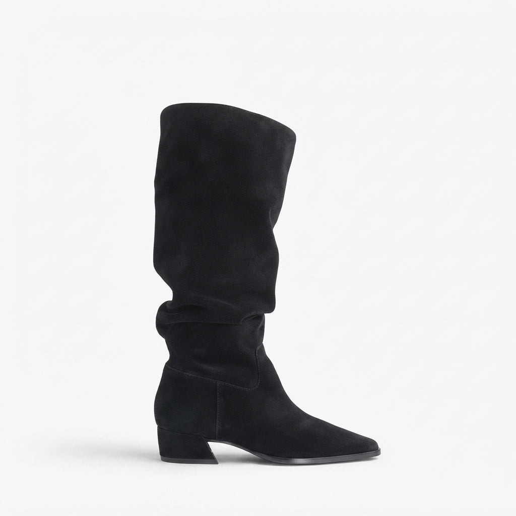 Slouchy Knee High Boots, Faux Suede Low Square Heel