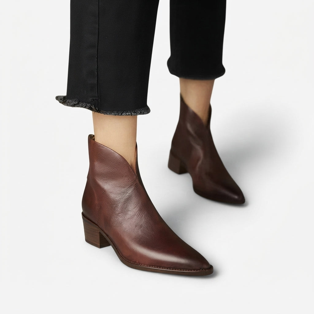 Pointed Toe Leather Ankle Boots, Back Zip Low Heel