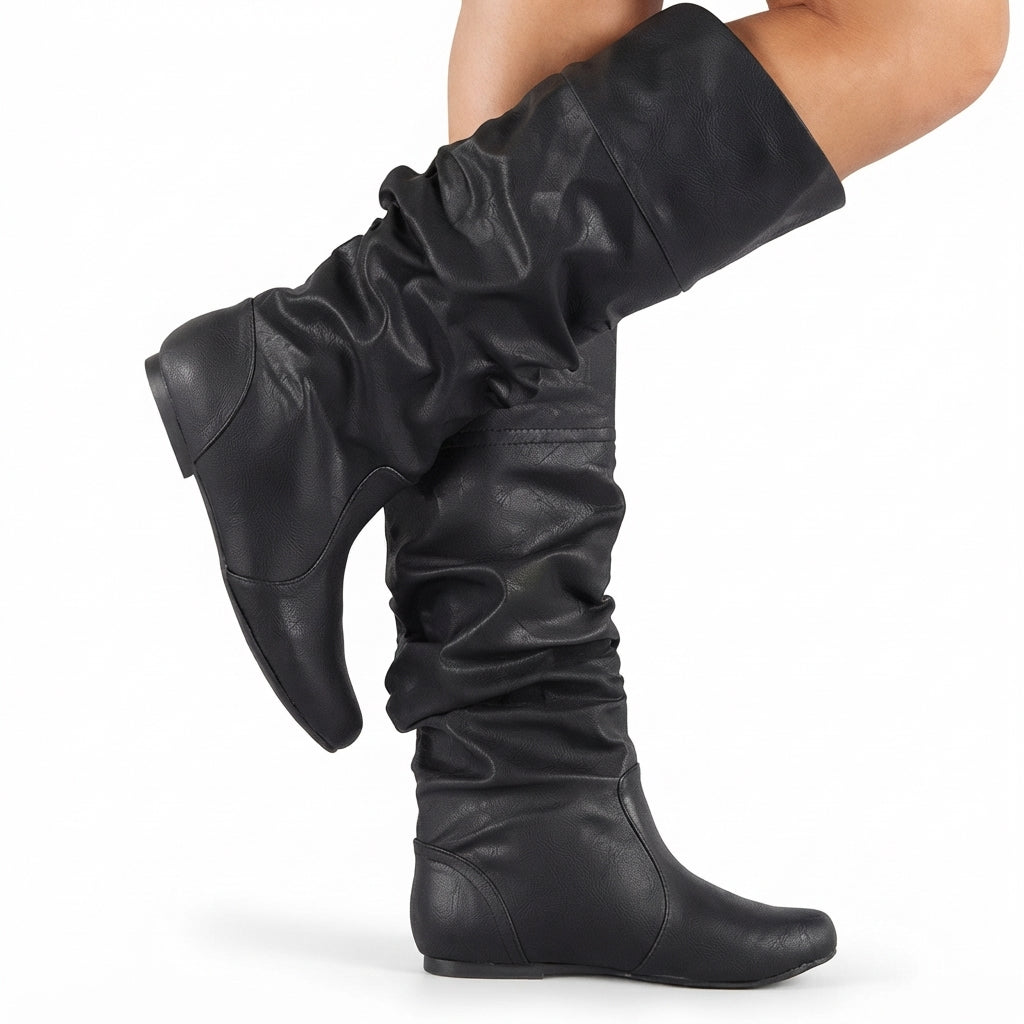 Ruched Leather Cowboy Boots, Pull-On with Rounded Toe