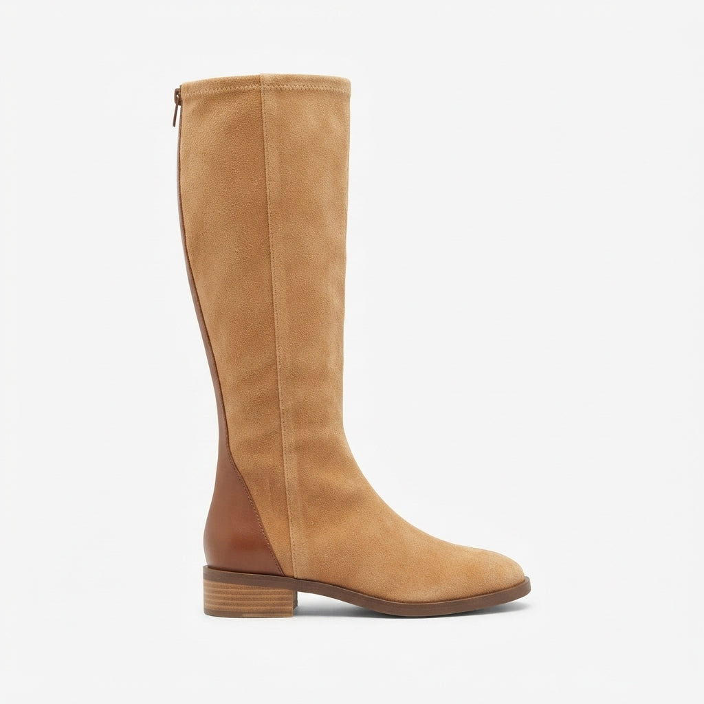 Suede Look Knee High Boots, Low Block Heel Side Zip