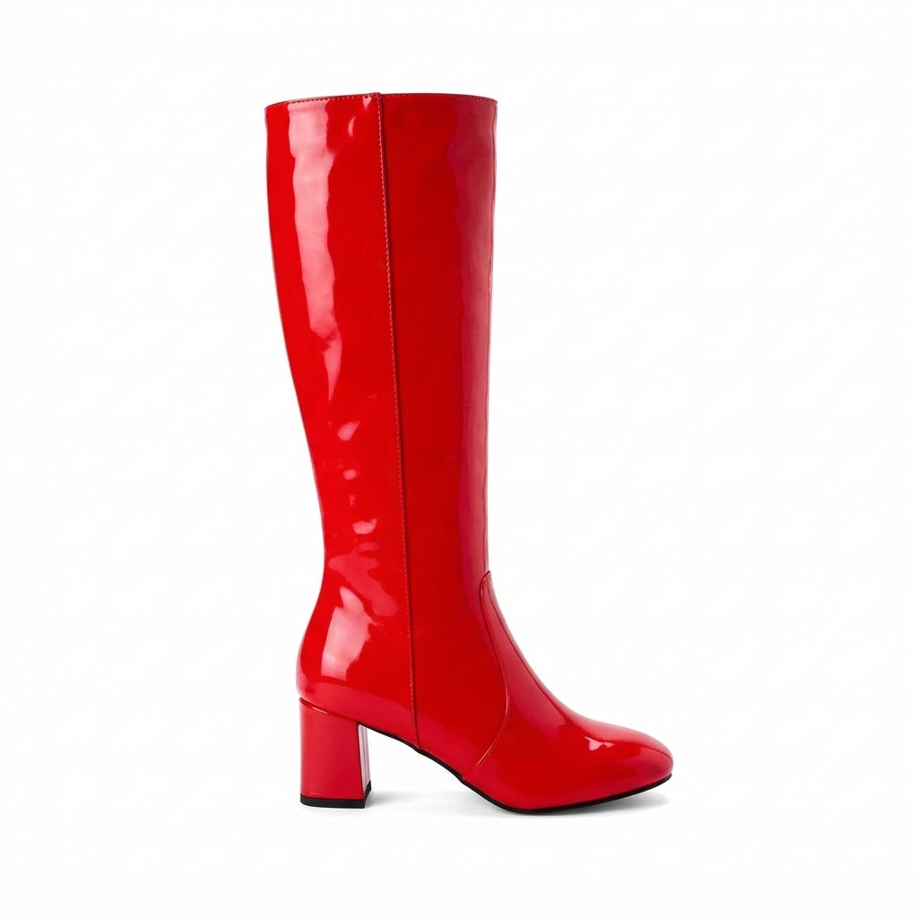 Glossy Leather Knee High Boots, Block Heel Side Zip
