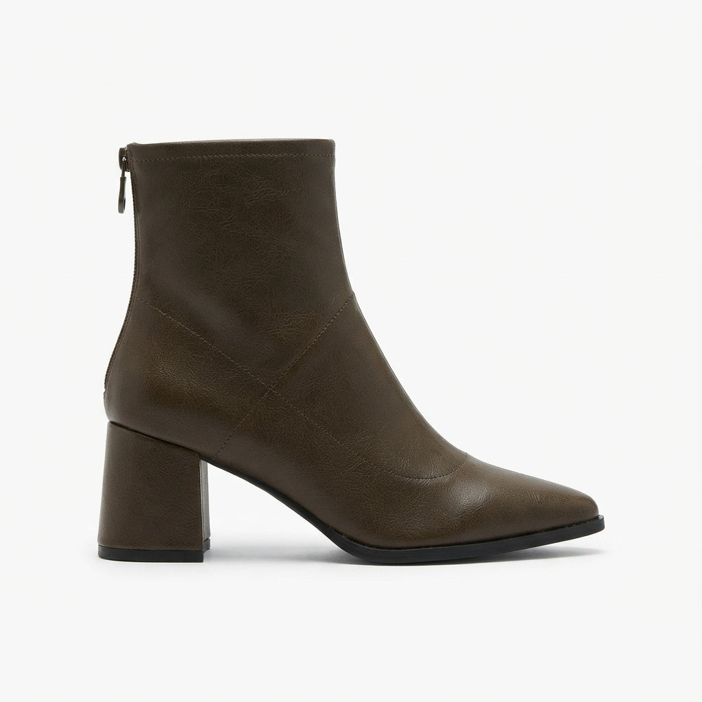Pointed Toe Heeled Ankle Boots with Rear Zip Closure