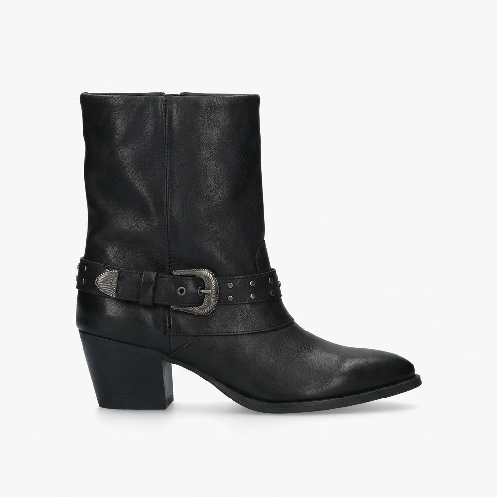 Slouch Cowboy Boots, Mid Calf Studded Buckle Pull On