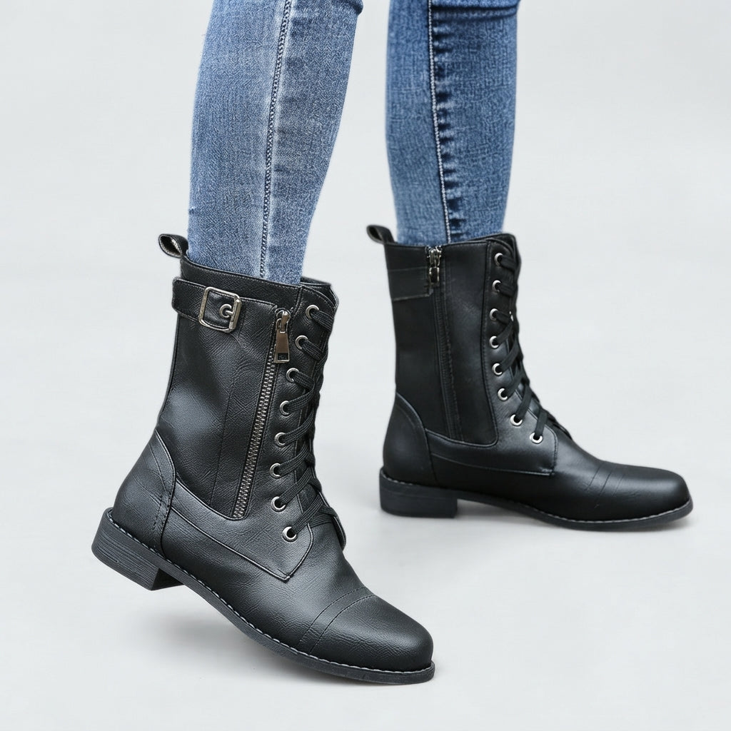 Lace Up Combat Ankle Boots, Side Zip Low Block Heel