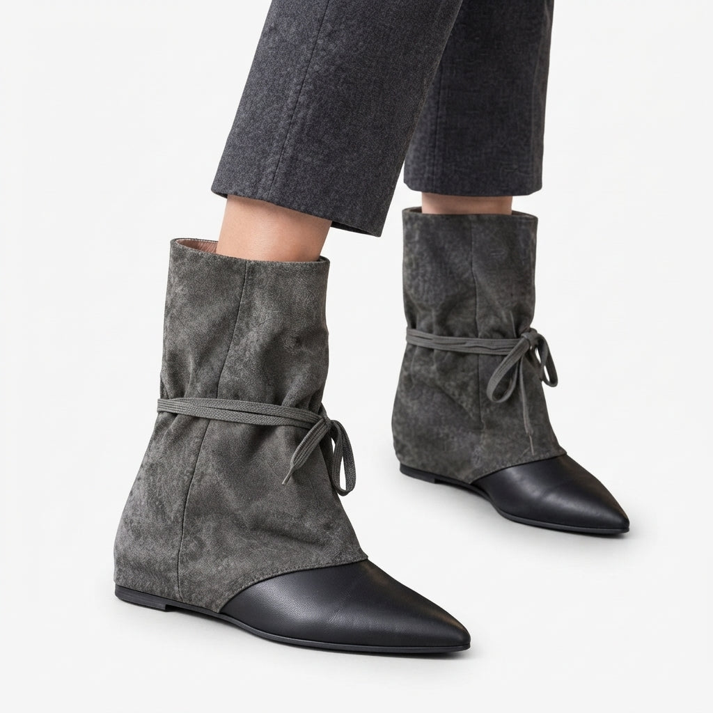 Suede Slouch Boots, Pointed Toe Wraparound Lace Ties