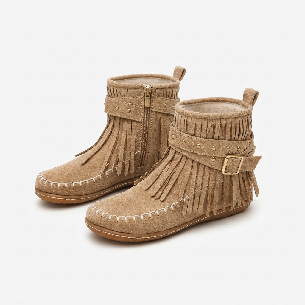 Suede Fringe Ankle Boots, Flat Moccasin Stitched Sole