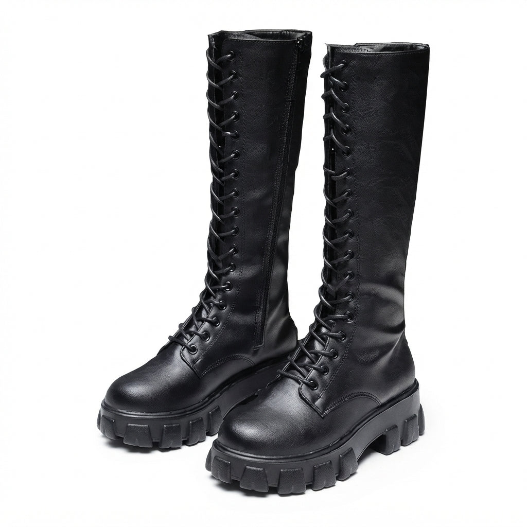 Platform Combat Boots, Knee High Lace Up Chunky Sole