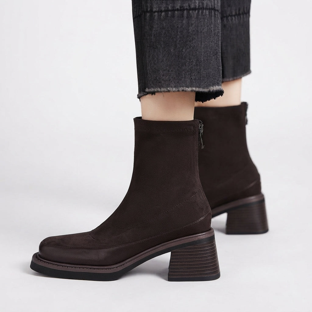 Square Toe Suede Ankle Boots, Stacked Mid Heel Zip