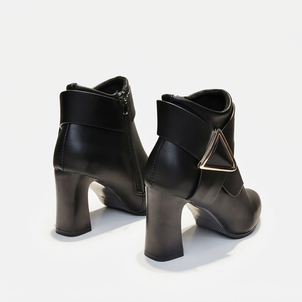 Pointed Toe Ankle Boots, Block Heel Side Zip Buckle