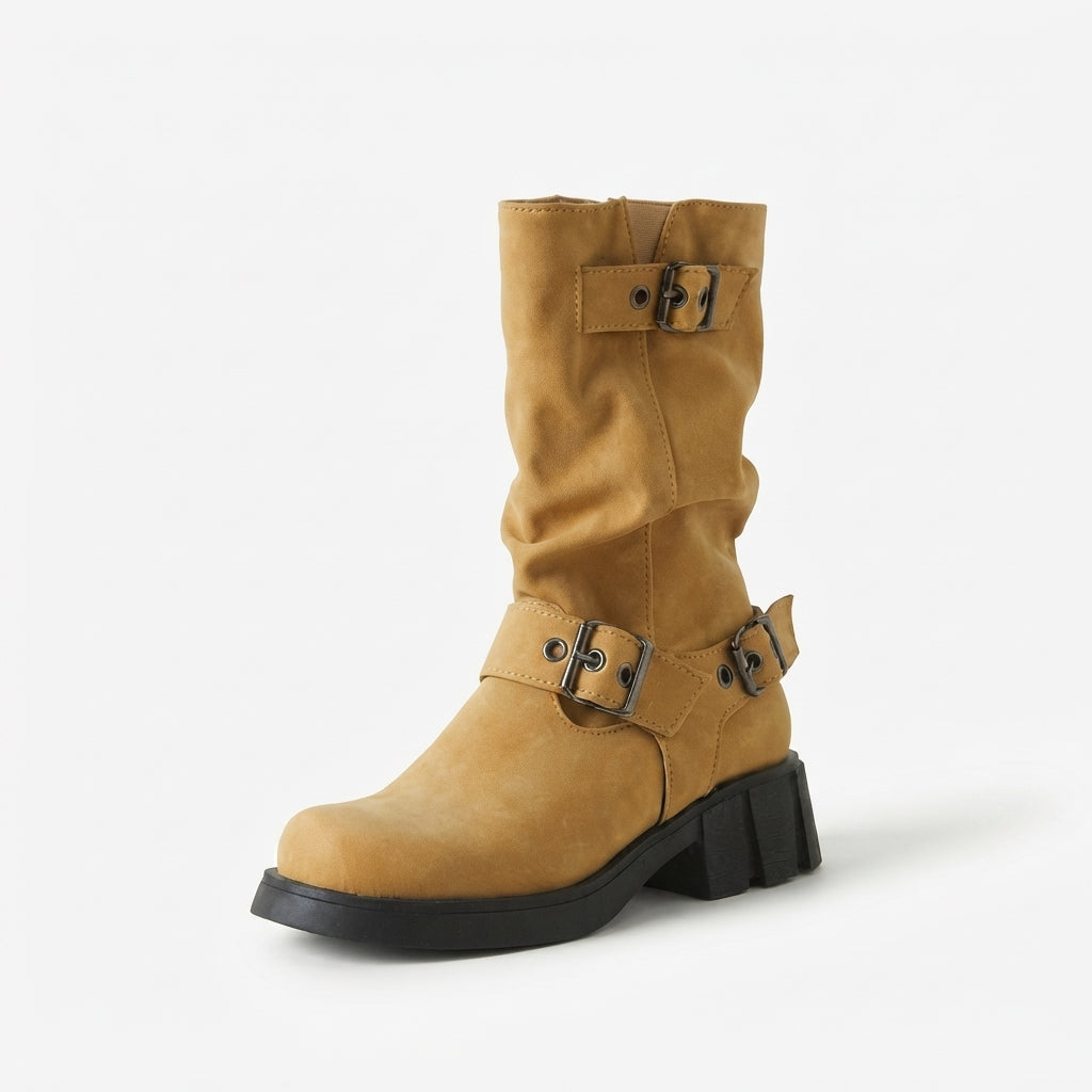Buckle Strap Biker Boots, Chunky Lug Sole Cushioned