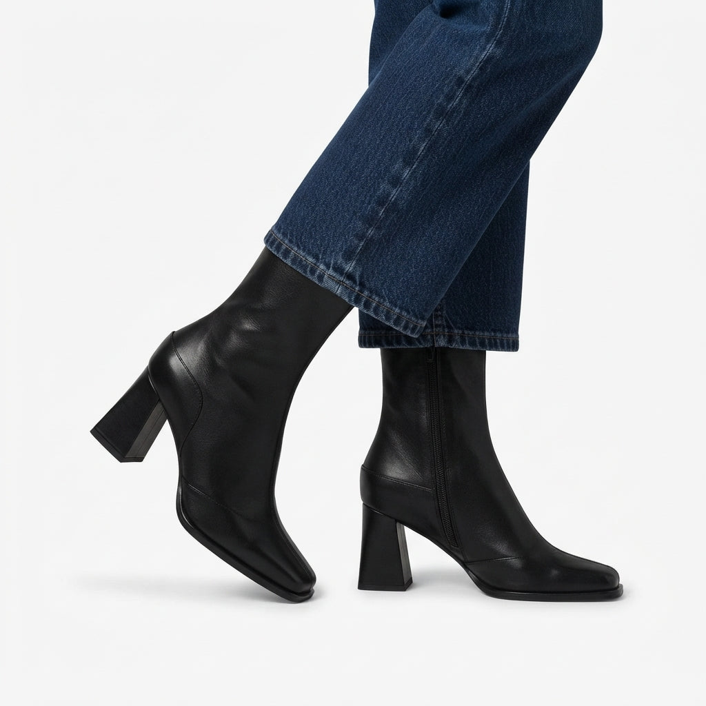 Square Toe Ankle Boots, Flared High Block Heel Zip