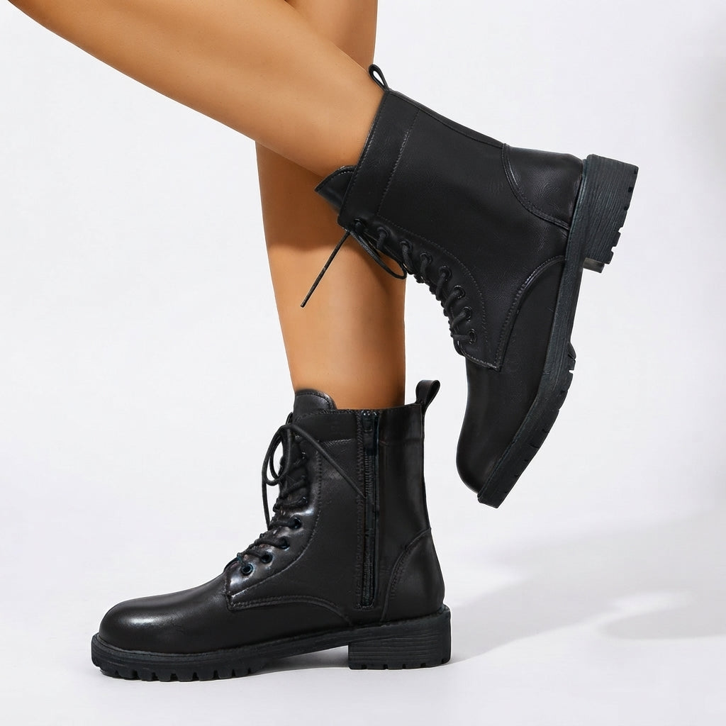 Lace Up Combat Ankle Boots, Side Zip Chunky Tread Sole
