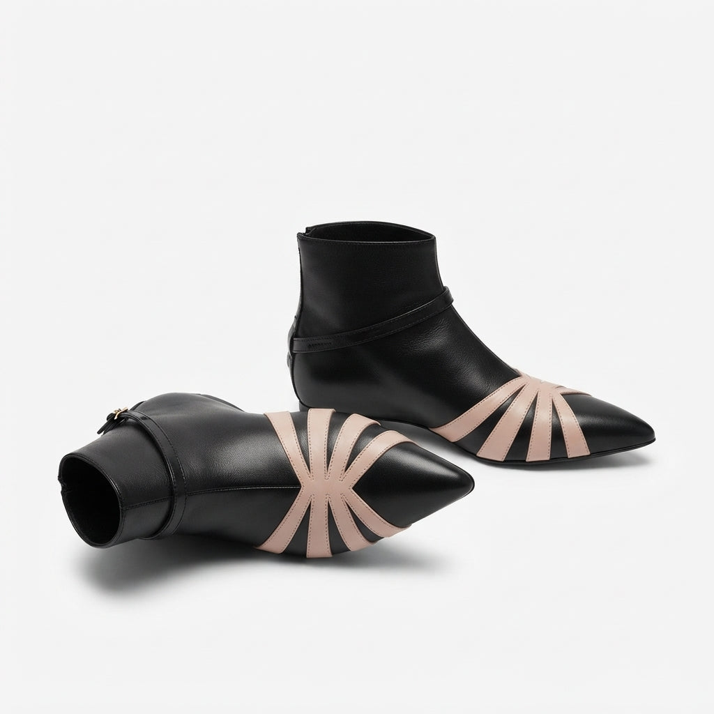 Geometric Panel Ankle Boots, Pointed Toe Buckle Strap