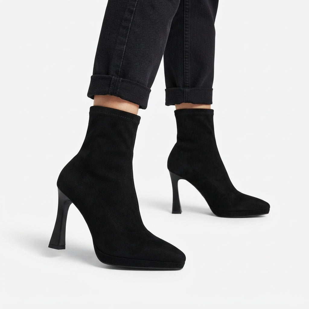 Platform Sock Boots, Stretch Upper Flared Heel Ankle