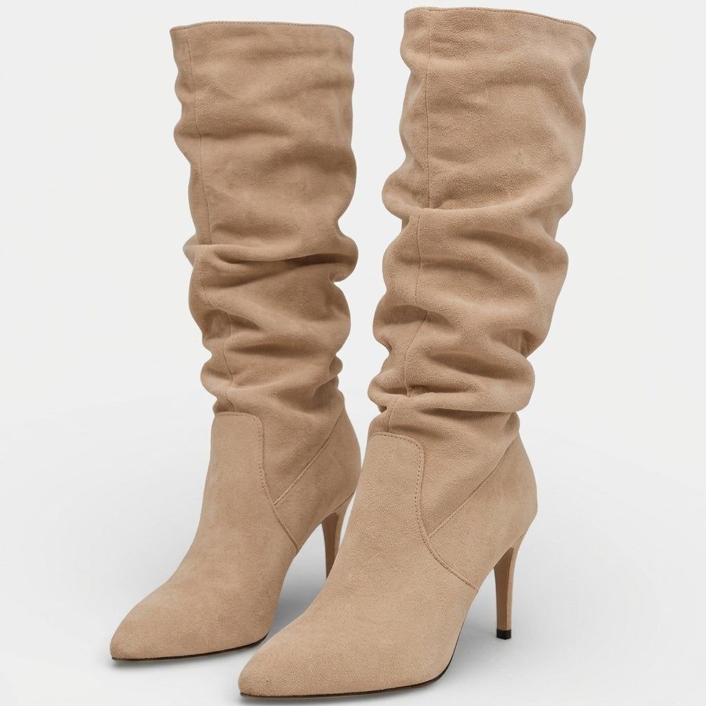 Ruched Suede Knee High Boots, Stiletto Pointed Toe