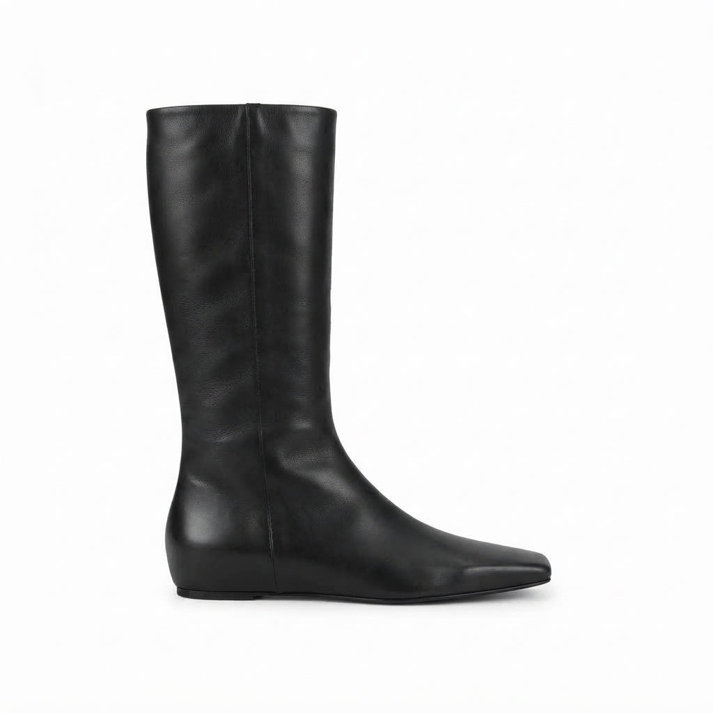 Knee High Square Toe Boots, Smooth Leather-Look Pull-On