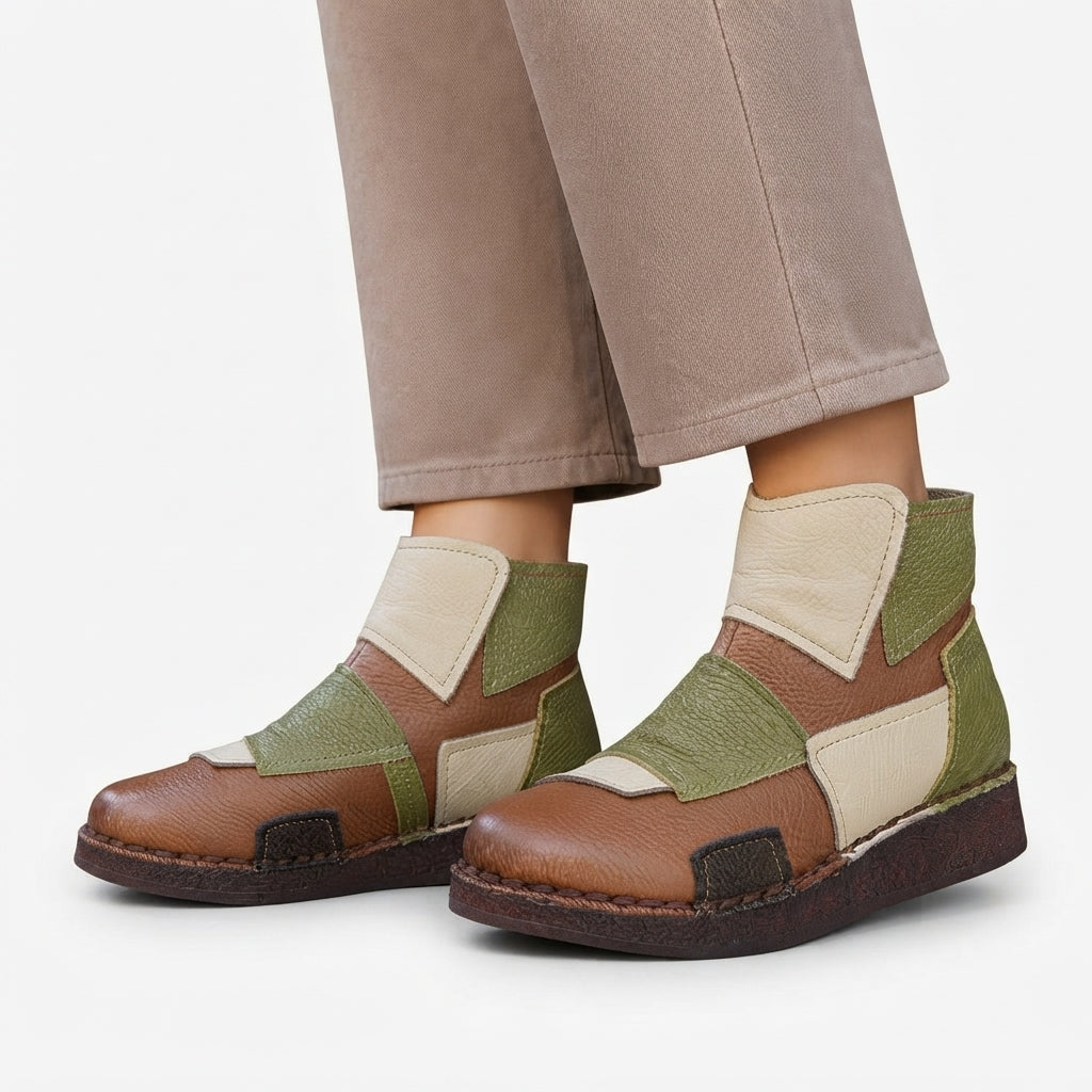 Colour Block Leather Ankle Boots, Patchwork Round Toe