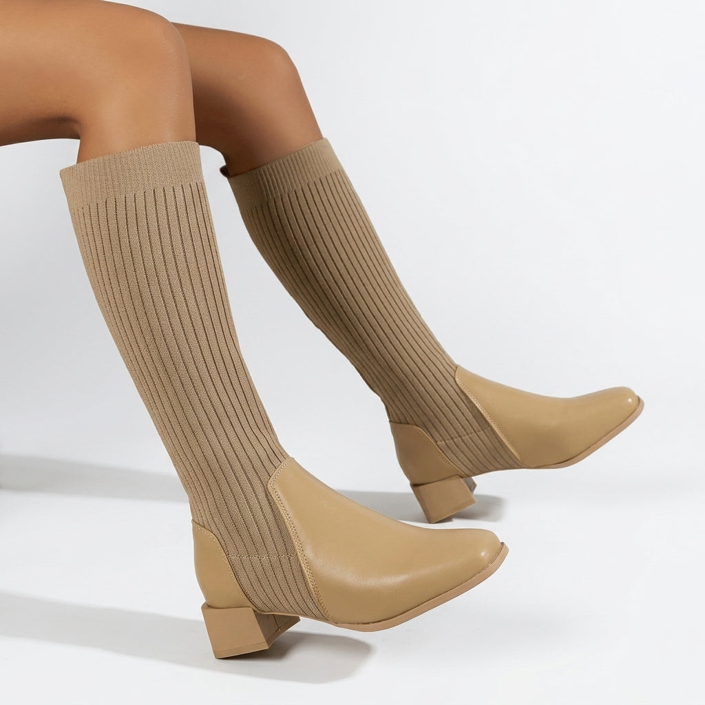 Knee High Sock Boots, Ribbed Knit Shaft Block Heel