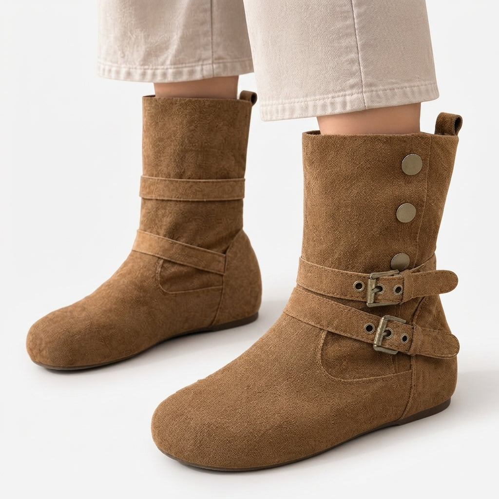 Suede Biker Boots, Double Buckle Mid-Calf Flat Sole