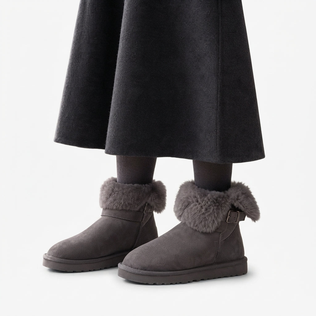 Buckled Ankle Snow Boots, Plush Cuff Suede Look Upper