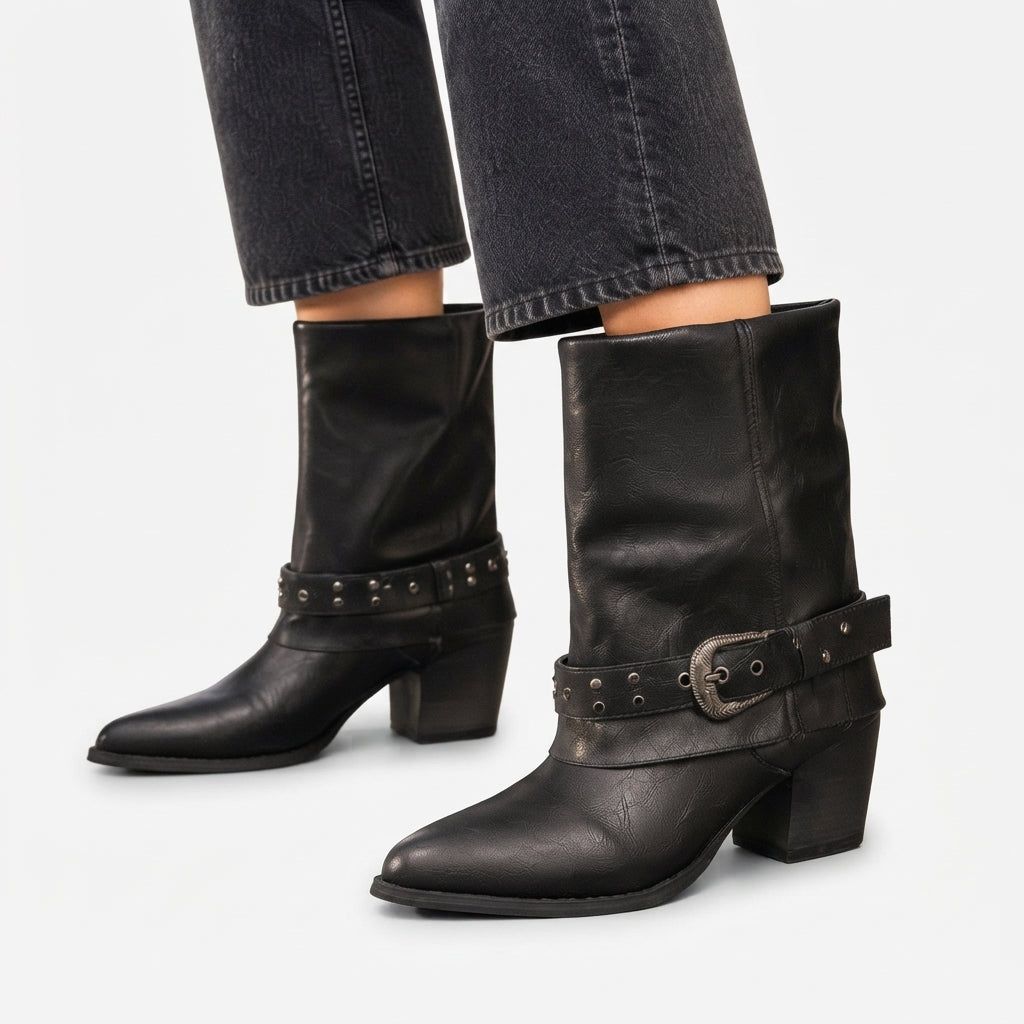 Slouch Cowboy Boots, Mid Calf Studded Buckle Pull On