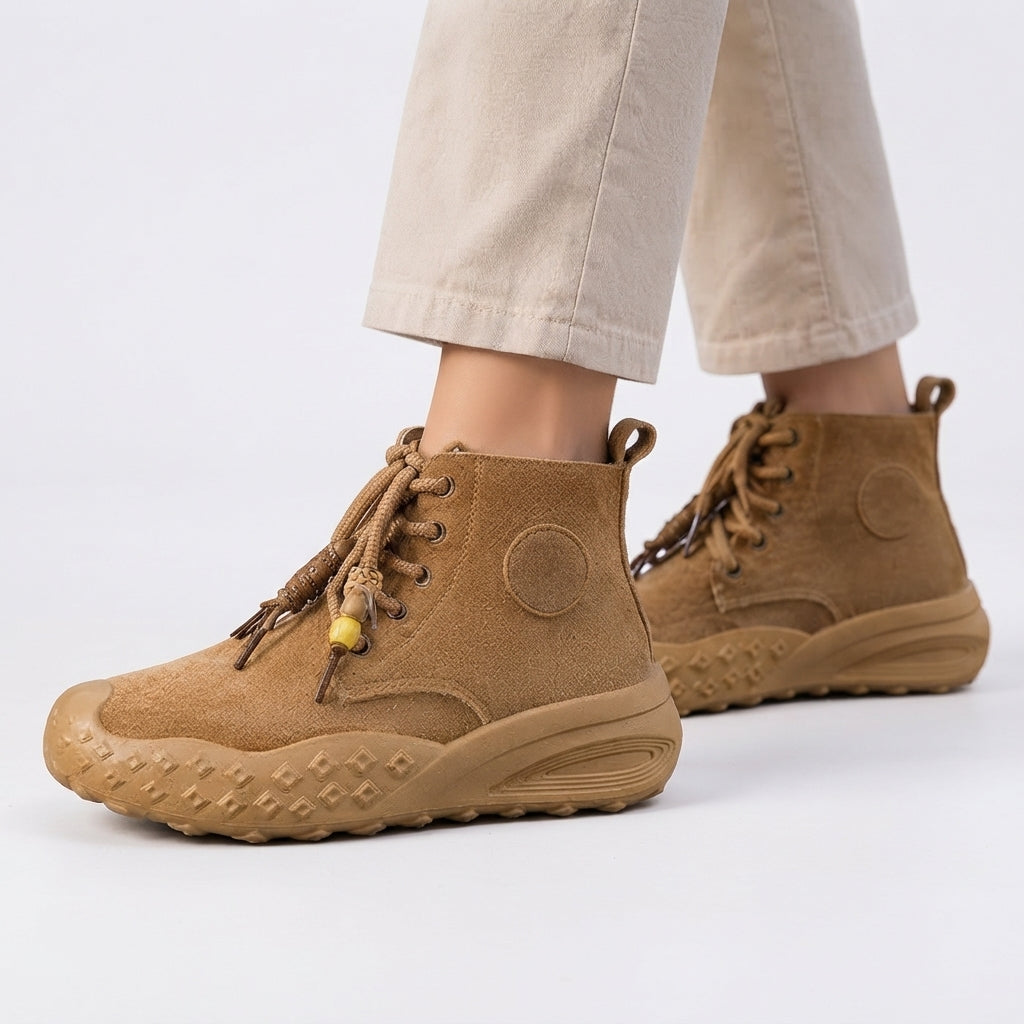 Lace Up Suede Platform Ankle Boots, Textured Grip Sole