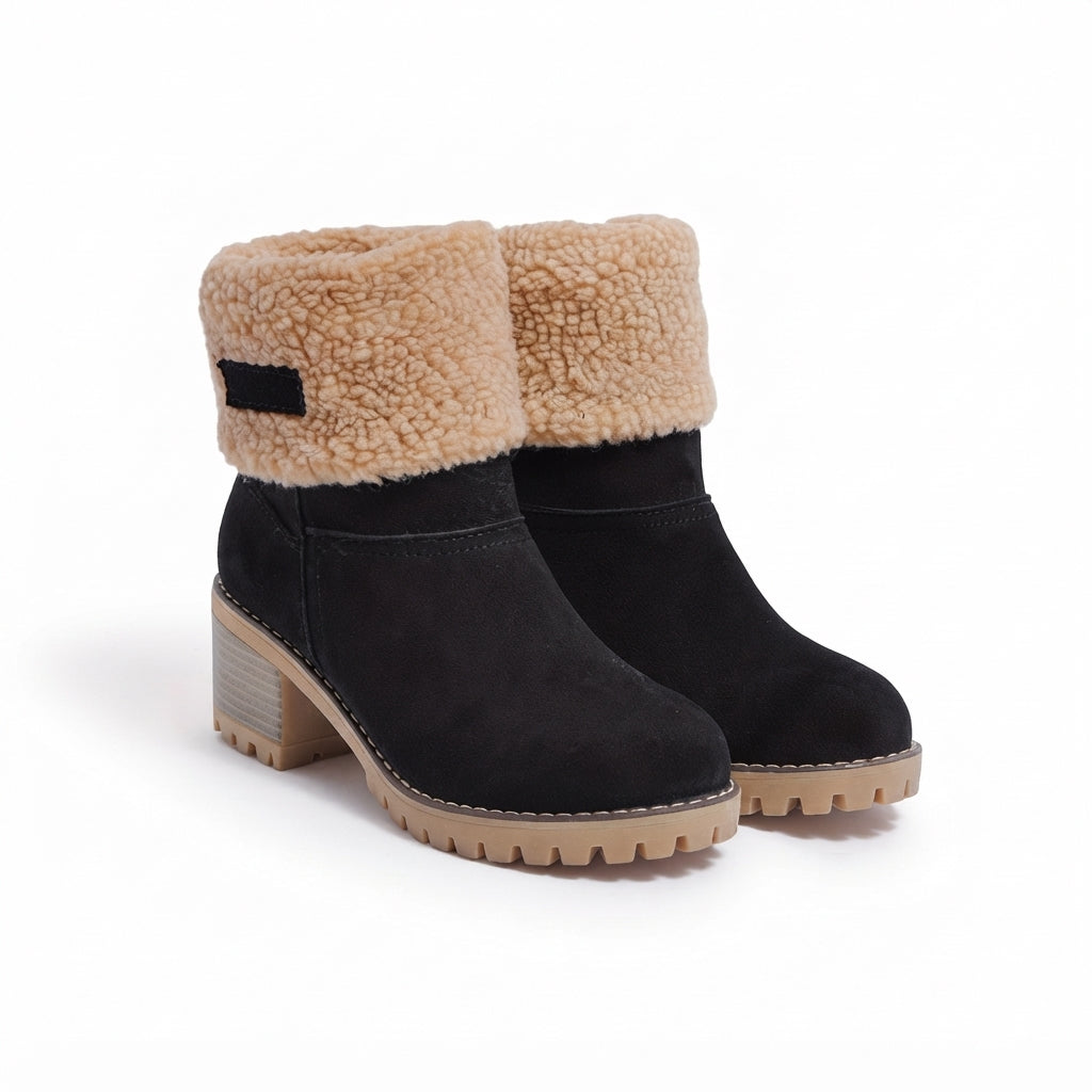 Shearling Cuff Ankle Boots, Block Heel Treaded Sole